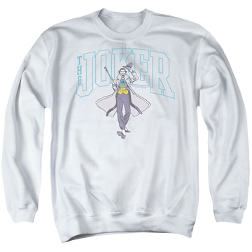 White men's crewneck sweatshirt with The Batman (2022) Joker Varsity On White graphic