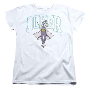 White women's t-shirt with The Batman (2022) Joker Varsity On White graphic