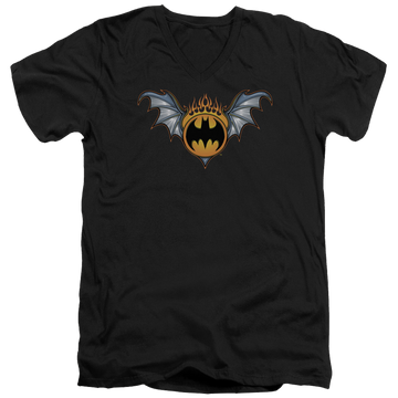 Black men's v-neck t-shirt with Batman Bat Wings Logo graphic