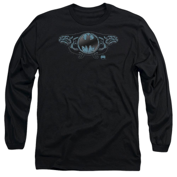 Black men's long sleeve t-shirt with Batman Two Gargoyles Logo graphic