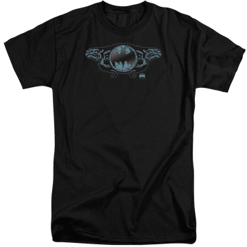 Black men's tall fit t-shirt with Batman Two Gargoyles Logo graphic