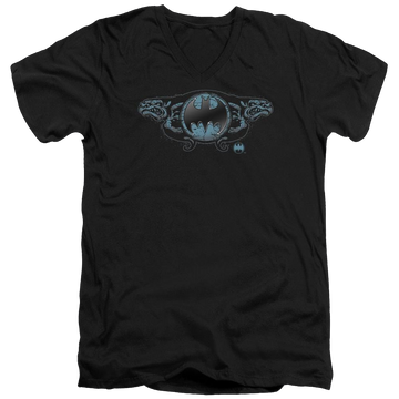 Black men's v-neck t-shirt with Batman Two Gargoyles Logo graphic