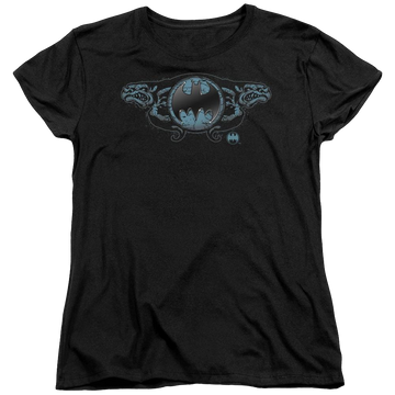 Black women's t-shirt with Batman Two Gargoyles Logo graphic