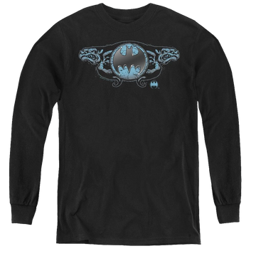 Black youth long sleeve t-shirt with Dc Batman Two Gargoyles Logo graphic