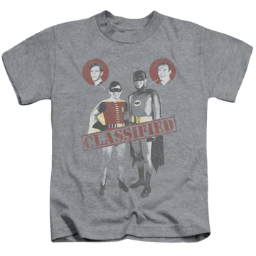 Athletic heather kid's t-shirt for ages 4 to 7 with Batman Classic TV Series Classified graphic