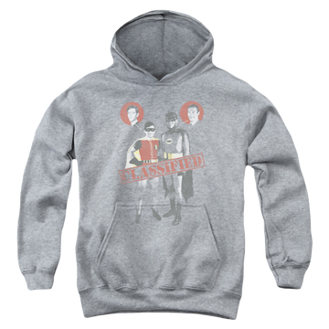 Athletic heather youth hoodie for ages 8 to 12 with Batman Classic TV Series Classified graphic