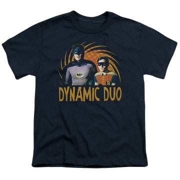 Navy youth t-shirt for ages 8 to 12 with Batman Classic TV Series Dynamic graphic