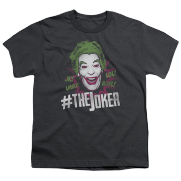 Charcoal youth t-shirt for ages 8 to 12 with Batman Classic TV Series #Joker graphic