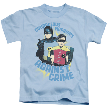 Light blue kid's t-shirt for ages 4 to 7 with Batman Classic TV Series Courageous Warriors graphic