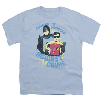Light blue youth t-shirt for ages 8 to 12 with Batman Classic TV Series Courageous Warriors graphic
