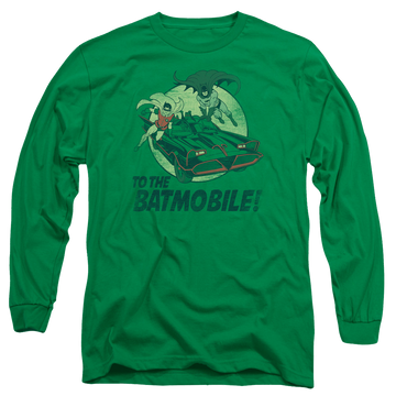 Kelly green men's long sleeve t-shirt with Batman Classic TV Series To The Batmobile graphic
