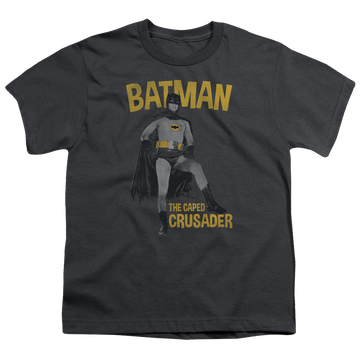Charcoal youth t-shirt for ages 8 to 12 with Batman Classic TV Series Caped Crusader graphic