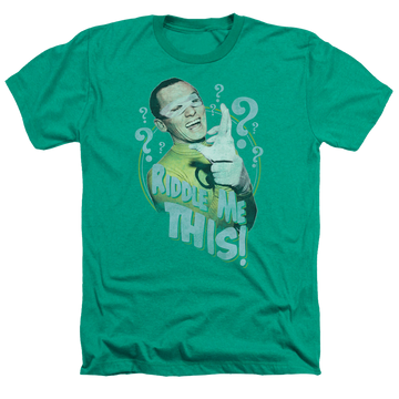 Kelly green men's heather t-shirt with Batman Classic TV Series Riddle Me This graphic