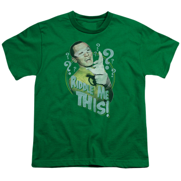 Kelly green youth t-shirt for ages 8 to 12 with Batman Classic TV Series Riddle Me This graphic