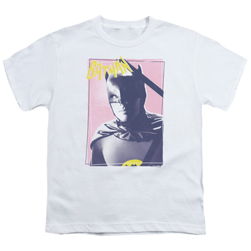 White youth t-shirt for ages 8 to 12 with Batman Classic TV Series Wayne 80S graphic