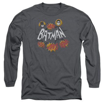 Charcoal men's long sleeve t-shirt with Batman Classic TV Series Sound Effects graphic
