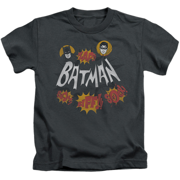 Charcoal kid's t-shirt for ages 4 to 7 with Batman Classic TV Series Sound Effects graphic