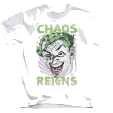 White kid's t-shirt for ages 4 to 7 with Batman Classic TV Series Chaos Reigns graphic