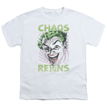 White youth t-shirt for ages 8 to 12 with Batman Classic TV Series Chaos Reigns graphic