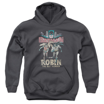 Charcoal youth hoodie for ages 8 to 12 with Batman Classic TV Series Classic Duo graphic