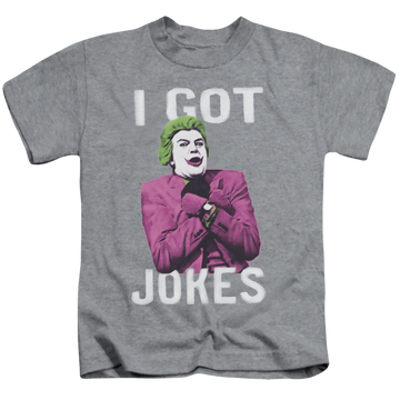Athletic heather kid's t-shirt for ages 4 to 7 with Batman Classic TV Series Got Jokes graphic
