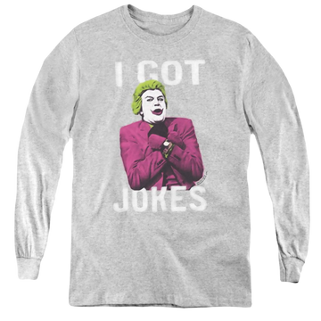 Athletic heather youth long sleeve t-shirt with Batman Classic Tv Series Got Jokes graphic