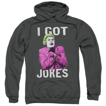 Charcoal pullover hoodie with Batman Classic TV Series Got Jokes graphic