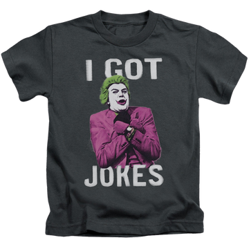 Charcoal kid's t-shirt for ages 4 to 7 with Batman Classic TV Series Got Jokes graphic
