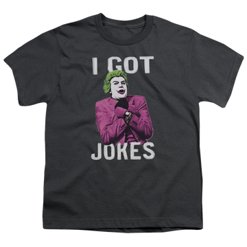 Charcoal youth t-shirt for ages 8 to 12 with Batman Classic TV Series Got Jokes graphic