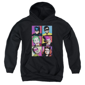 Black youth hoodie for ages 8 to 12 with Batman Classic TV Series Pop Cast graphic