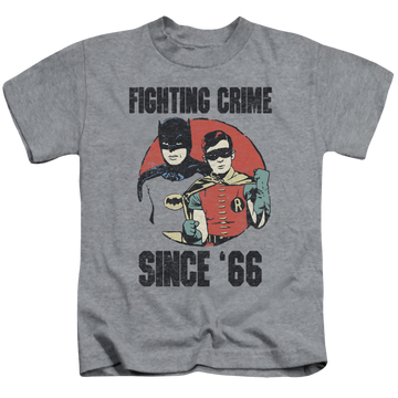 Athletic heather kid's t-shirt for ages 4 to 7 with Batman Classic TV Series Since 66 graphic