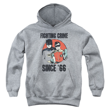 Athletic heather youth hoodie for ages 8 to 12 with Batman Classic TV Series Since 66 graphic