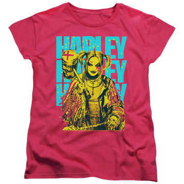 Hot pink women's t-shirt with Birds of Prey Harley Painted graphic