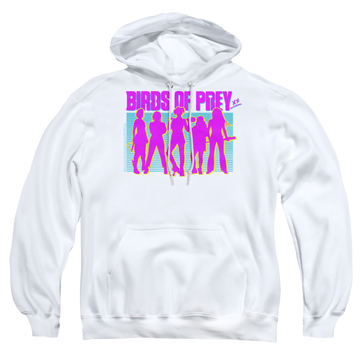 White pullover hoodie with Birds of Prey Silhouettes graphic