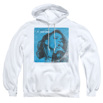 White pullover hoodie with Birds of Prey Blue Canary graphic