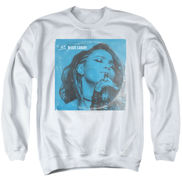 White men's crewneck sweatshirt with Birds of Prey Blue Canary graphic