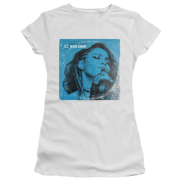 White juniors t-shirt with Birds of Prey Blue Canary graphic