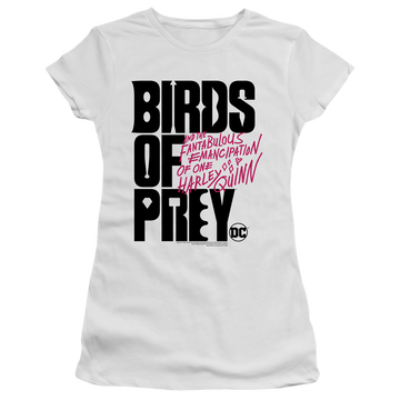 White juniors t-shirt with Birds of Prey Logo graphic
