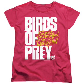 Hot pink women's t-shirt with Birds of Prey Logo graphic