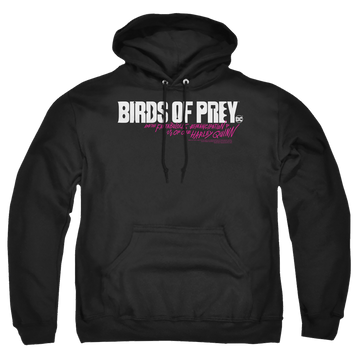 Black pullover hoodie with Birds of Prey Horizontal Logo graphic