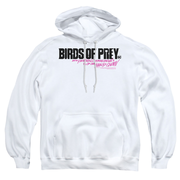 White pullover hoodie with Birds of Prey Horizontal Logo graphic