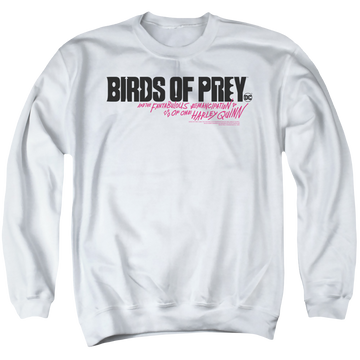 White men's crewneck sweatshirt with Birds of Prey Horizontal Logo graphic