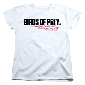 White women's t-shirt with Birds of Prey Horizontal Logo graphic
