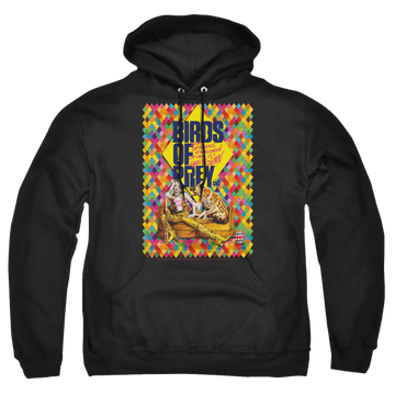 Black pullover hoodie with Birds of Prey Couch graphic