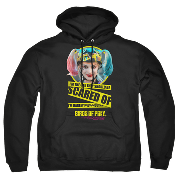 Black pullover hoodie with Birds of Prey Scared Of graphic