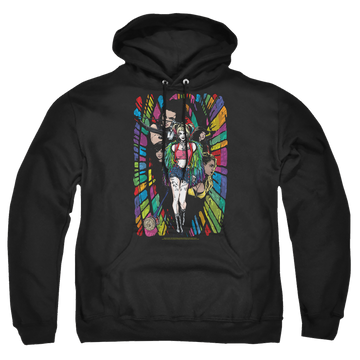Black pullover hoodie with Birds of Prey Color Corridor graphic