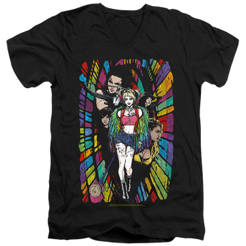 Black men's v-neck t-shirt with Birds of Prey Color Corridor graphic