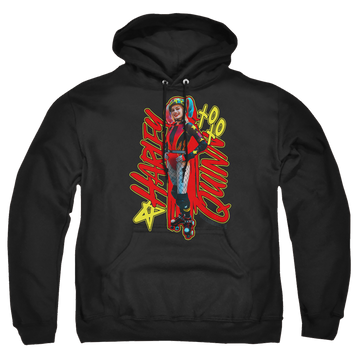 Black pullover hoodie with Birds of Prey Harleymania graphic