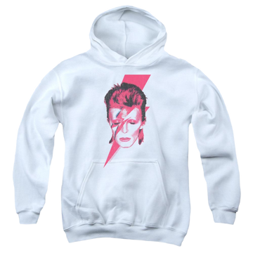 White youth hoodie for ages 8 to 12 with David Bowie Aladdin Sane graphic