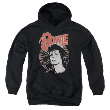 Black youth hoodie for ages 8 to 12 with David Bowie Space Oddity graphic